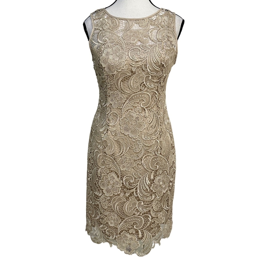 Cache Lace Sheath Dress Women Size 2 Gold Floral VTG Glam Cocktail Event Wedding